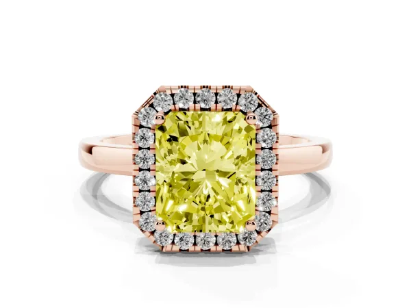 Fancy Yellow Radiant Cut Halo Diamond Solitaire with Pavé Band and Four-Prong Setting Rose gold