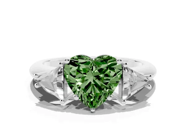 Fancy Green Three-Stone Heart Cut Diamond Engagement Ring with Trillion Side Stones and Prong Setting Platinum