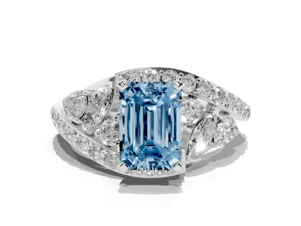 Fancy Blue Emerald Cut Diamond Halo Ring with Marquise and Pavé Band in Prong Setting Platinum