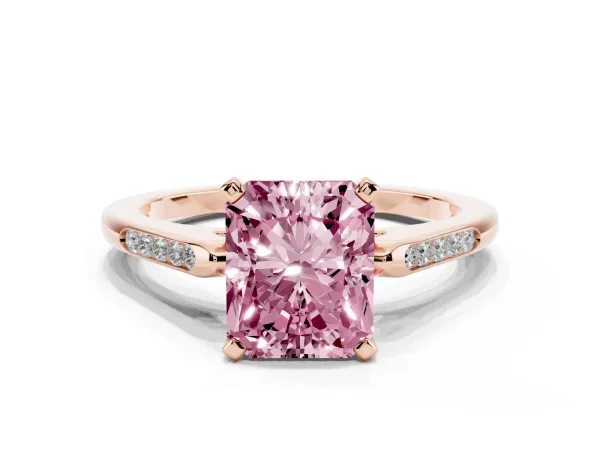 Fancy Pink Radiant Cut Diamond Solitaire Ring with Channel Set Round Band and Prong Setting Rose gold