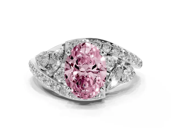 Fancy Pink Oval Cut Diamond Halo Ring with Marquise and Pavé Band in Prong Setting White gold