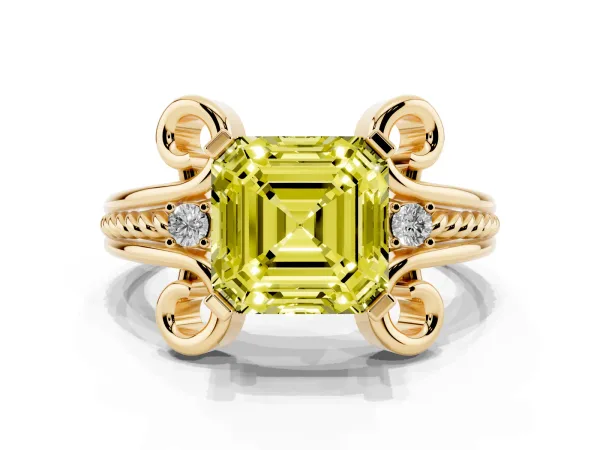 Fancy Yellow Asscher Cut Solitaire Twisted Band Scroll Prong Ring Yellow gold
