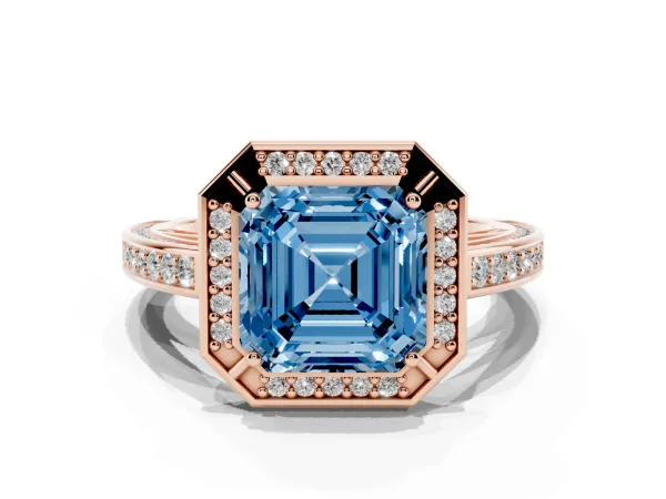 Fancy Blue Asscher Cut Cut Halo Pave Split Shank Prong Setting Ring Rose gold