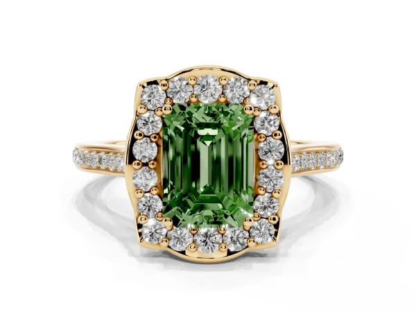 Fancy Green Emerald Cut Halo Round Diamond Pave Band with Four-Prong Setting Yellow gold