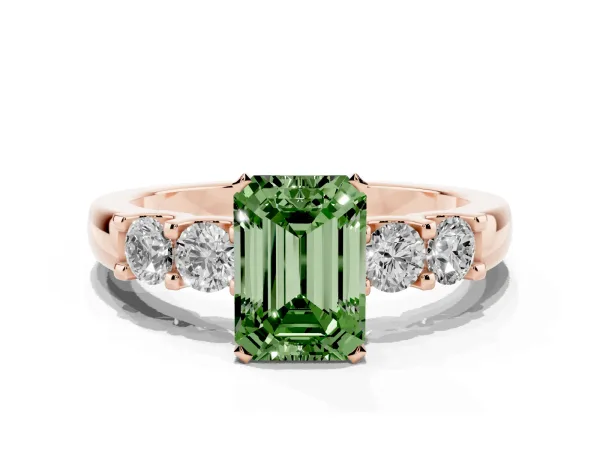 Fancy Green Emerald Cut Brilliant Cut Diamond Five-Stone Prong Set Engagement Ring with Channel Band Rose gold