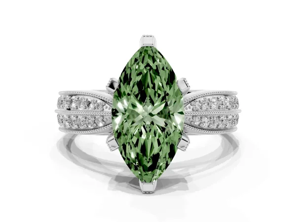 Fancy Green Marquise Cut Diamond Solitaire Ring with Milgrain Round Pavé Band and Prong Setting White gold