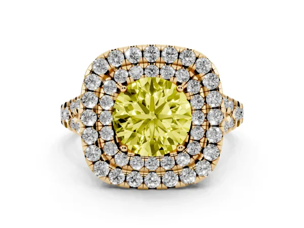 Fancy Yellow Double Halo Round Cut Diamond Pavé Split Shank Ring with Prong Setting Yellow gold