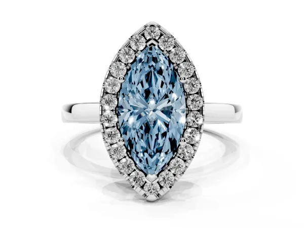 Fancy Blue Marquise Cut Halo Diamond Solitaire with Pavé Band and Four-Prong Setting White gold