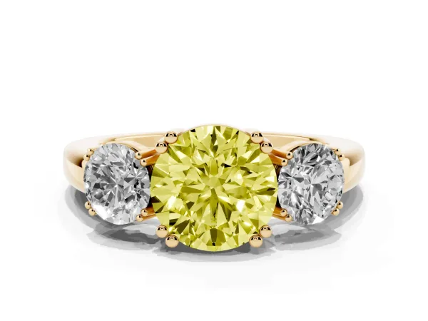 Fancy Yellow Three-Stone Round Cut Cut Diamond Ring with Channel Set Band and Four-Prong Setting Yellow gold