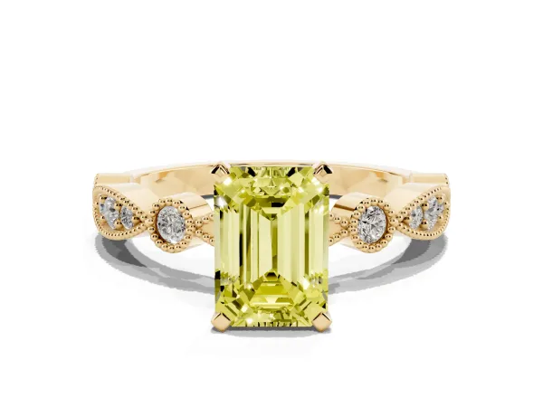 Fancy Yellow Emerald Cut Milgrain Bezel Diamond Engagement Ring with Solitaire Prong Setting Yellow gold