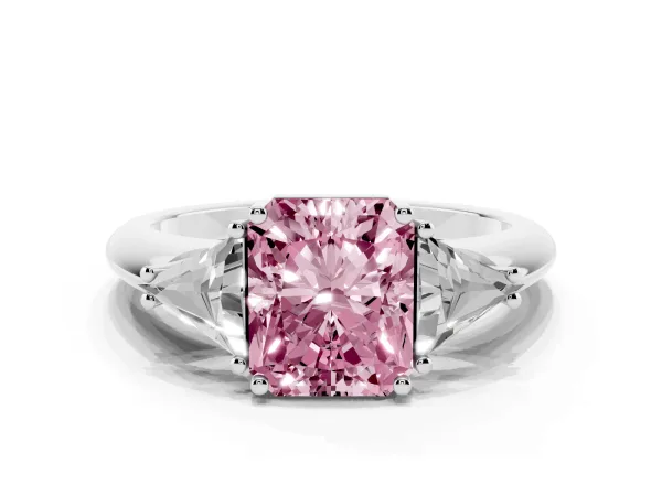 Fancy Pink Three-Stone Radiant Cut Diamond Engagement Ring with Trillion Side Stones and Prong Setting White gold