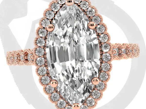 Marquise Cut Cut Halo Pavé Solitaire Ring with Milgrain Band Rose gold