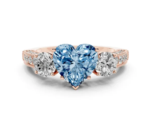 Fancy Blue Heart Cut Three-Stone Diamond Ring with Pavé Band and Four-Prong Setting Rose gold