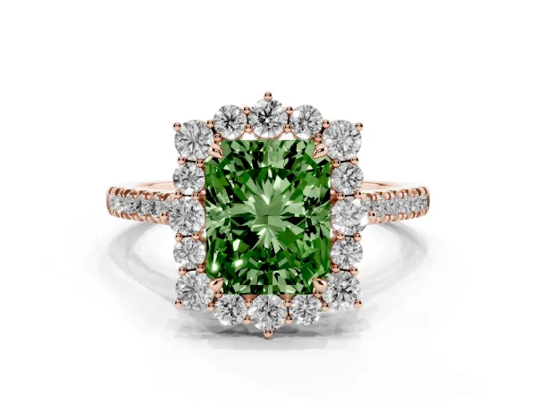 Fancy Green Radiant Cut Halo Diamond Ring with Pavé Band and Prong Setting Rose gold