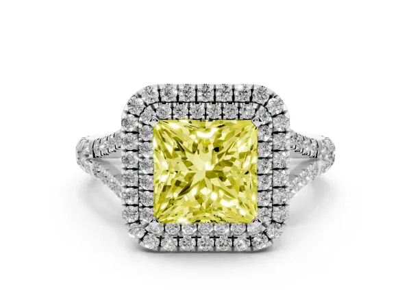 Fancy Yellow Princess Cut Diamond Pavé Split Shank Double Halo Engagement Ring Platinum
