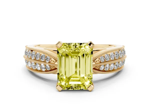 Fancy Yellow Emerald Cut Diamond Solitaire Ring with Milgrain Round Pavé Band and Prong Setting Yellow gold