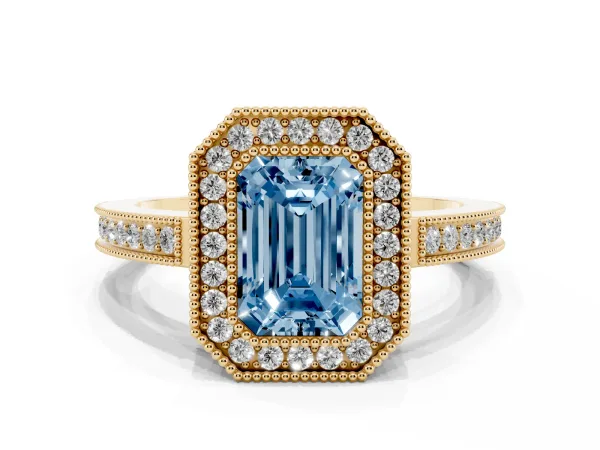 Fancy Blue Emerald Cut Cut Halo Diamond Ring with Pavé Band and Milgrain Prong Setting Yellow gold