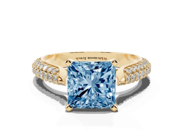 Fancy Blue Princess Cut Diamond Solitaire Engagement Ring with Multi-Row Round Pavé Band and Prong Setting Yellow gold