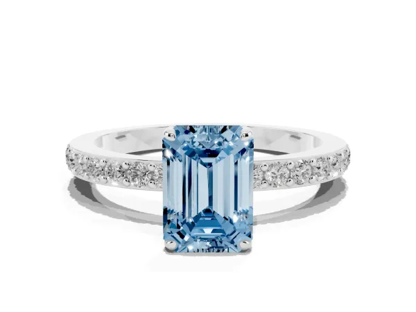 Fancy Blue Emerald Cut Diamond Solitaire Engagement Ring with Pavé Band and Four-Prong Setting Platinum