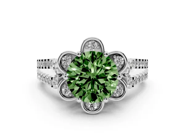 Fancy Green Round Cut Halo Diamond Floral Split Shank Engagement Ring White gold