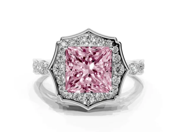 Fancy Pink Princess Cut Halo Diamond Engagement Ring with Milgrain Band and Four-Prong Setting Platinum