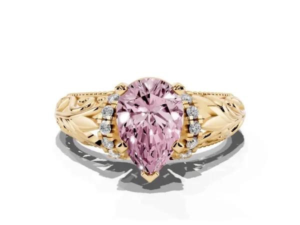Fancy Pink Pear Cut Solitaire Filigree Engagement Ring with Halo and Prong Setting Yellow gold