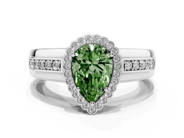 Fancy Green Pear Cut Cut Halo Pave Band Four-Prong Ring Platinum