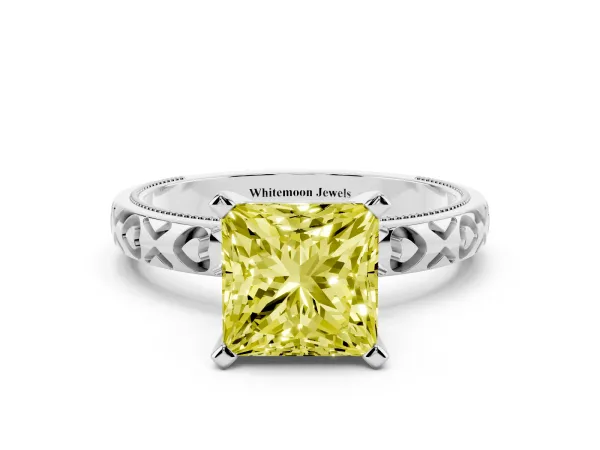 Fancy Yellow Princess Cut Solitaire Diamond Engagement Ring with XO Engraved Band and Four-Prong Setting Platinum