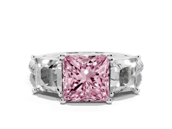 Fancy Pink Three-Stone Princess Cut Diamond Ring with Round Pavé Band and Prong Setting Platinum