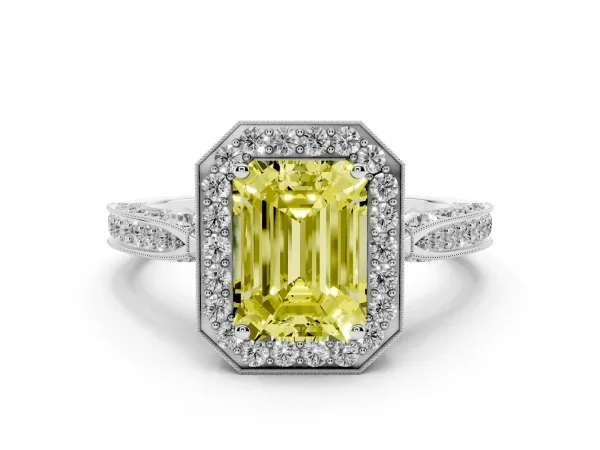 Fancy Yellow Emerald Cut Halo Diamond Engagement Ring with Split Shank Band and Four-Prong Setting Platinum