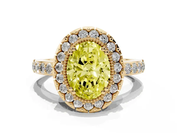 Fancy Yellow Oval Cut Diamond Halo Ring with Pavé Band and Prong Setting Yellow gold