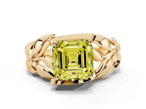 Fancy Yellow Asscher Cut Diamond Leaf-Inspired Engagement Ring with Round Accents and Prong Setting Yellow gold
