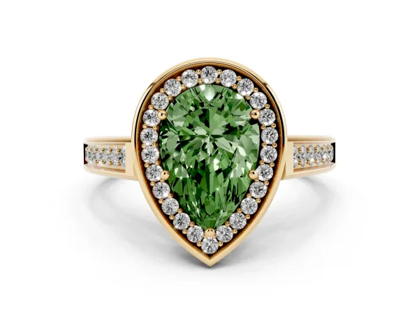 Fancy Green Pear Cut Halo Solitaire Diamond Ring with Pave Band and Bezel Setting Yellow gold