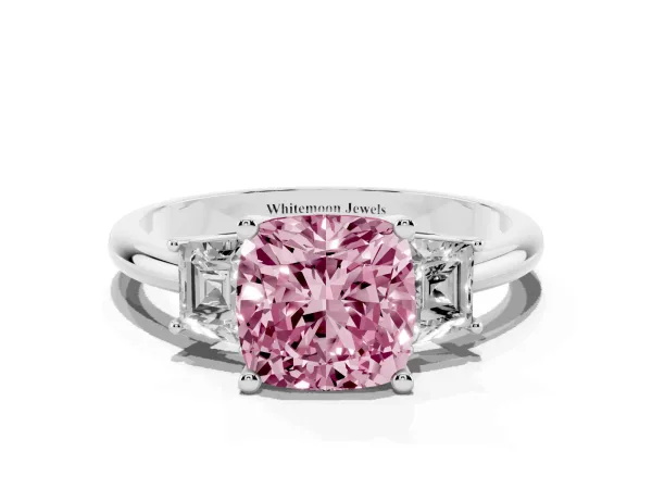 Fancy Pink Cushion Cut Diamond Three-Stone Ring with Trapezoid Side Stones and Prong Setting Platinum