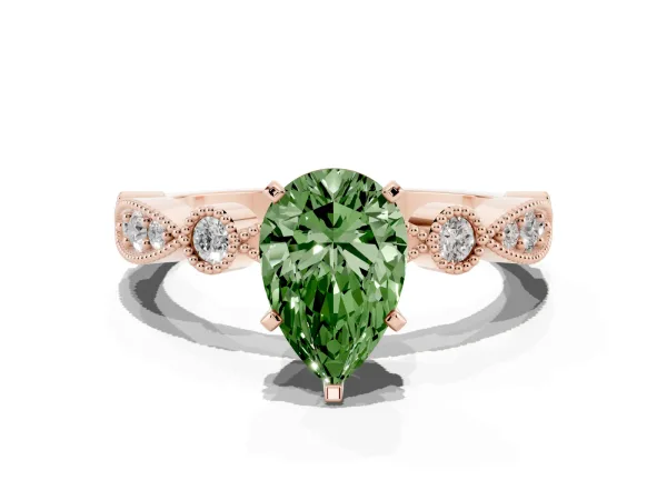 Fancy Green Pear Cut Milgrain Bezel Diamond Engagement Ring with Solitaire Prong Setting Rose gold