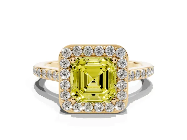 Fancy Yellow Asscher Cut Diamond Halo Engagement Ring with Round Pavé Shoulders and Prong Setting Yellow gold