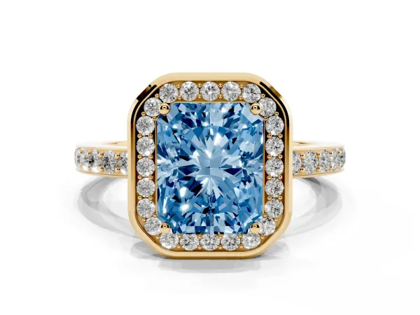 Fancy Blue Radiant Cut Diamond Halo Ring with Bezel Frame and Pavé Band Yellow gold