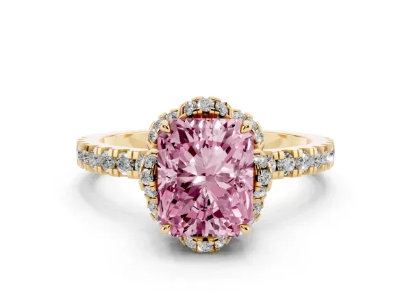 Fancy Pink Radiant Cut Diamond Halo Pave Band with Four-Prong Setting Yellow gold