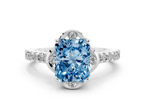 Fancy Blue Radiant Cut Diamond Ring with Pavé Band and Floral Prong Setting White gold