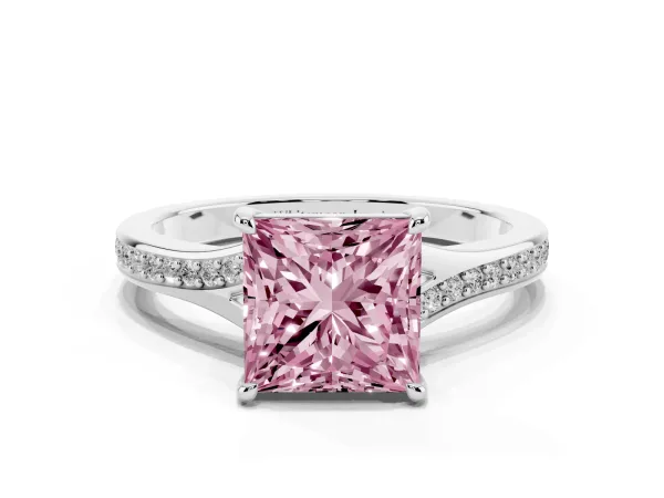 Fancy Pink Princess Cut Diamond Solitaire Ring with Pavé Band and Prong Setting Platinum