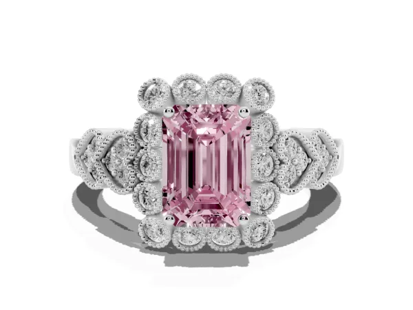 Fancy Pink Emerald Cut Brilliant Milgrain Pave Heart Band Solitaire Ring Platinum