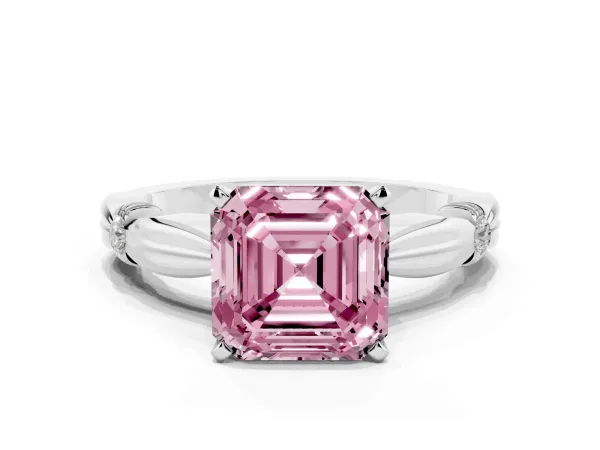 Fancy Pink Asscher Cut Solitaire Diamond Twisted Band with Four-Prong Setting White gold