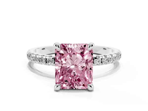 Fancy Pink Radiant Cut Diamond Brilliant Solitaire Ring with Pavé Band and Four-Prong Setting Platinum