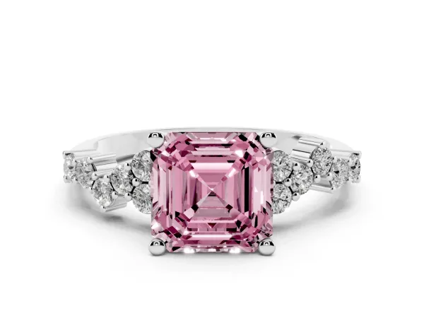 Fancy Pink Asscher Cut Diamond Scattered Round Accent Ring with Prong Setting Platinum