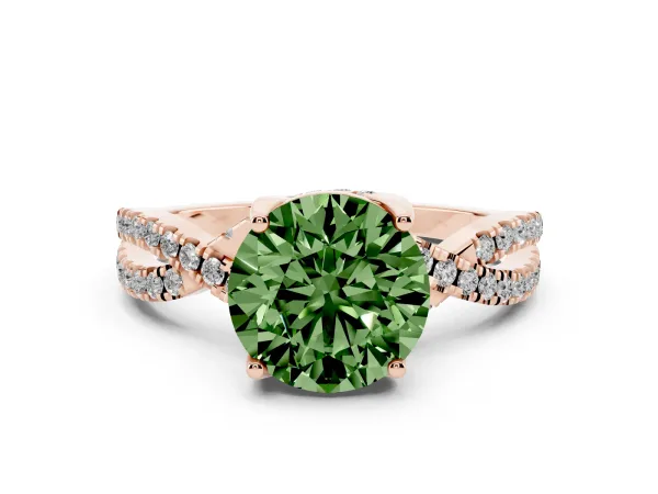 Fancy Green Round Cut Solitaire Twist Pave Diamond Engagement Ring with Prong Setting Rose gold