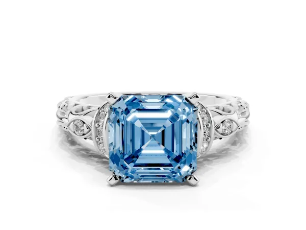 Fancy Blue Asscher Cut Diamond Solitaire Ring with Filigree Band and Four-Prong Setting Platinum