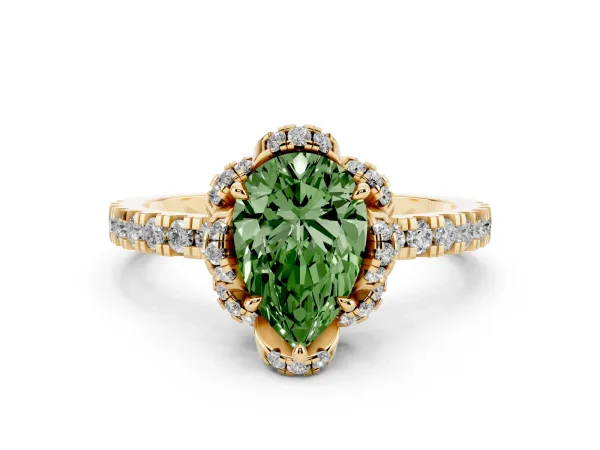 Fancy Green Pear Cut Halo Diamond Pave Band Ring with Four-Prong Setting Yellow gold