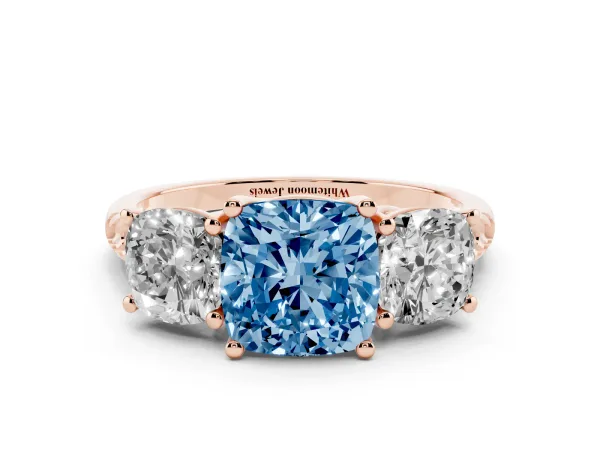Fancy Blue Three-Stone Cushion Cut Diamond Ring with Round Pavé Band and Prong Setting Rose gold