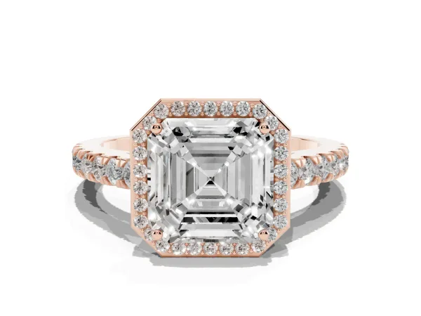 Asscher Cut Cut Halo Diamond Engagement Ring with Pave Band and Four-Prong Setting Rose gold