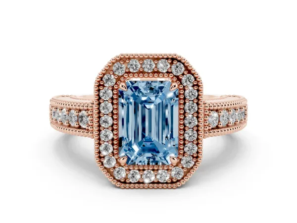 Fancy Blue Emerald Cut Cut Halo Diamond Ring with Pavé Band and Four-Prong Setting Rose gold